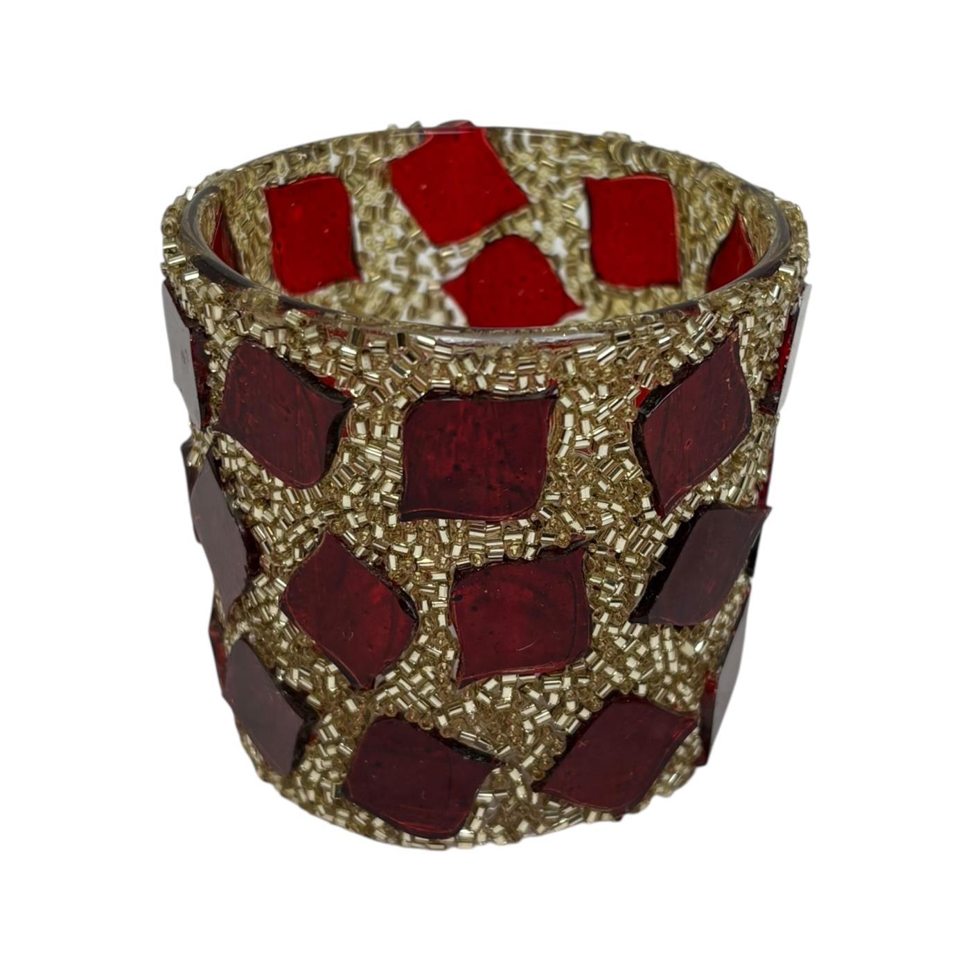 Theelichthouder Mozaïek rood/goud 6x6cm