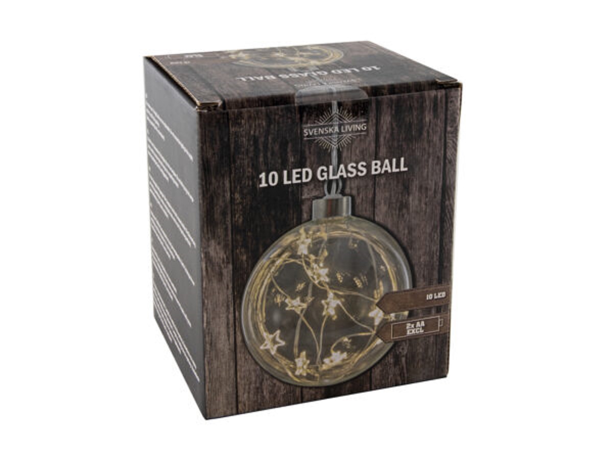 Glasbal 10cm met  draad ster 10LED 2xAA
