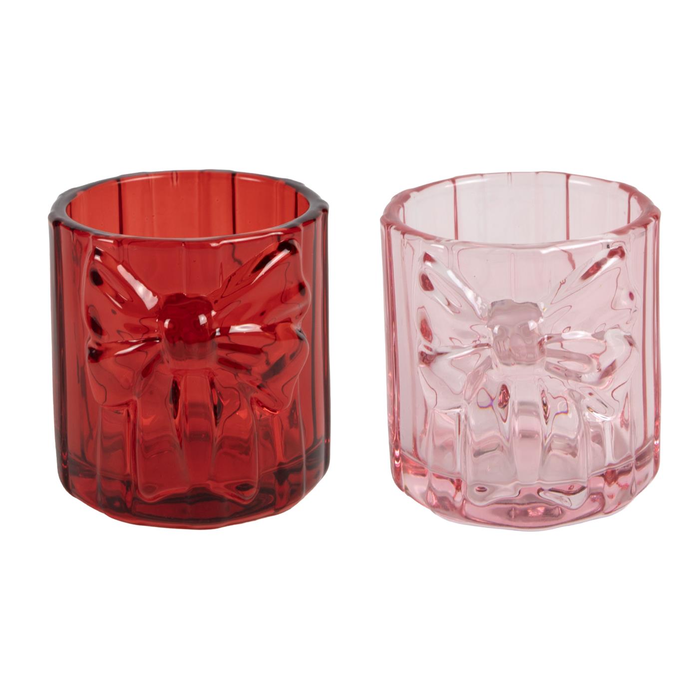 Theelichthouder Strik glas 8,5x8cm 2ass