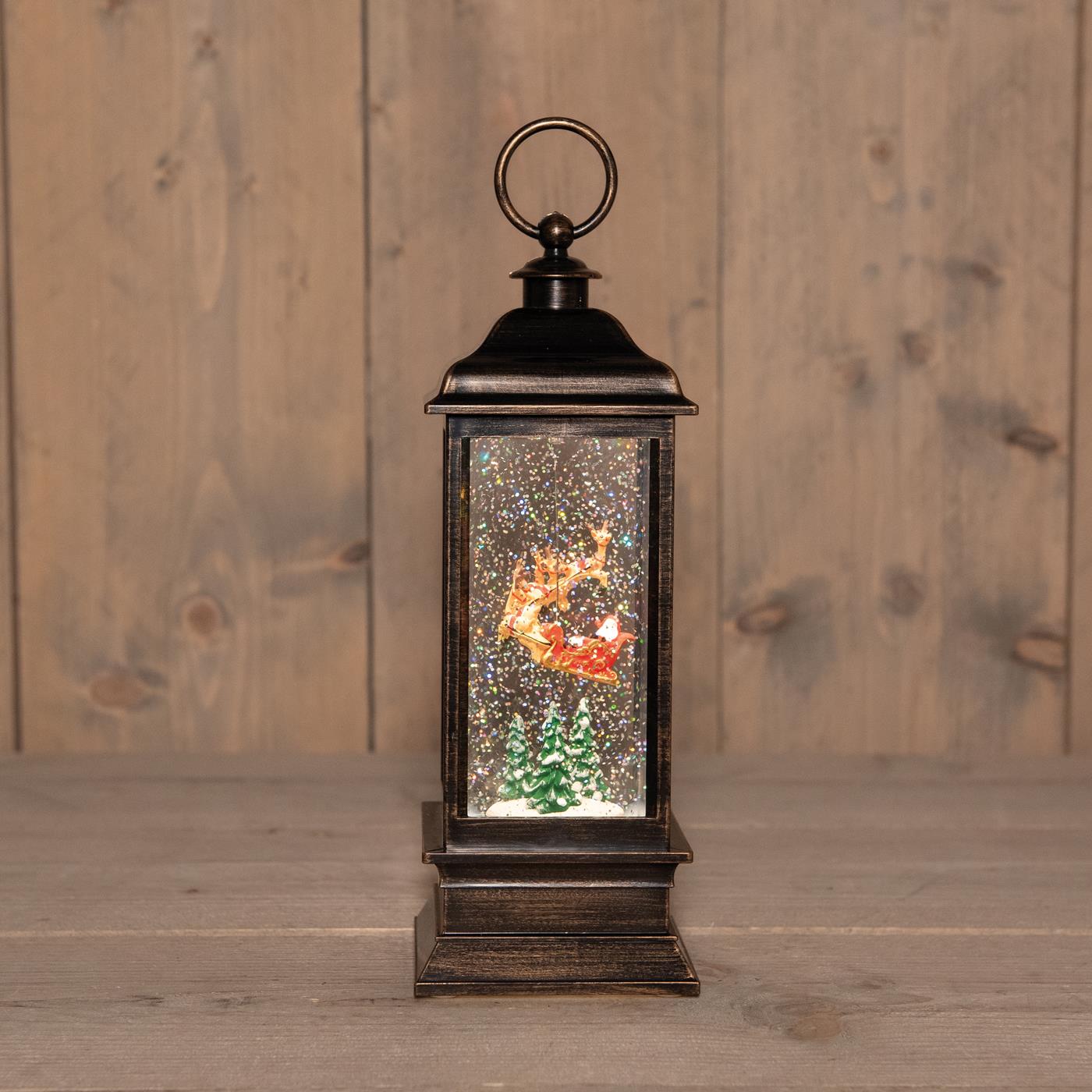 Lantaarn met kerstman glitterwater 28cm