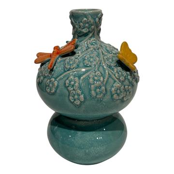 Vaas met vlinders groen-blauw 11x11x17cm