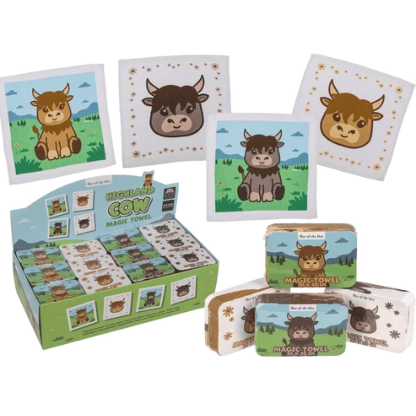 Magische Handdoekje Schotse Hooglander 30 x 30 cm, 4 assorted