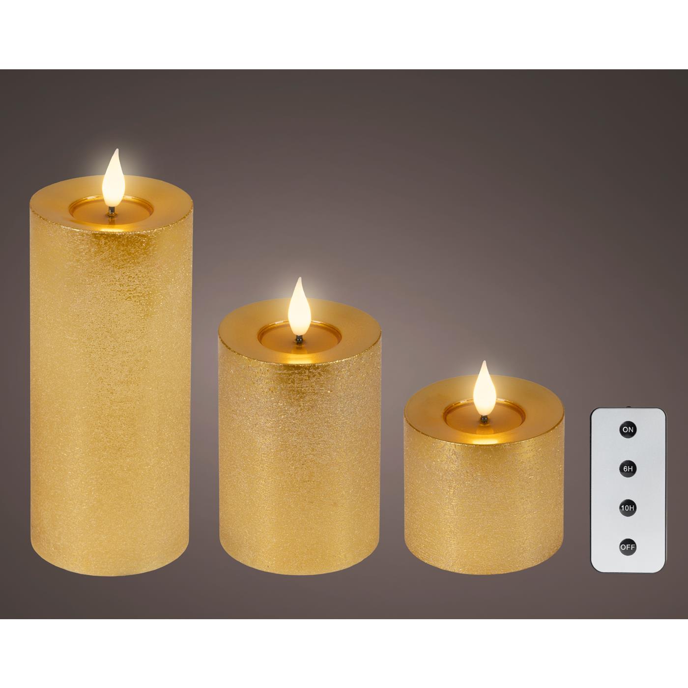 Lumineo LED kaars 3dlg Ø7,5x20cm goud
