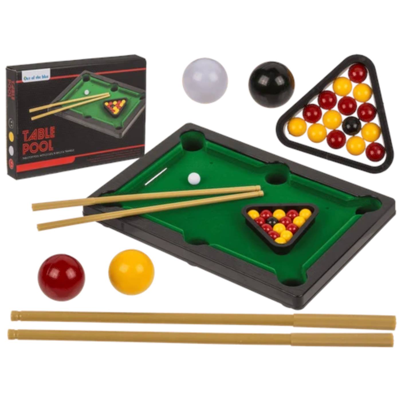Tafletop pool 22x15cm met 2 cues16 ballen triangel en krijt