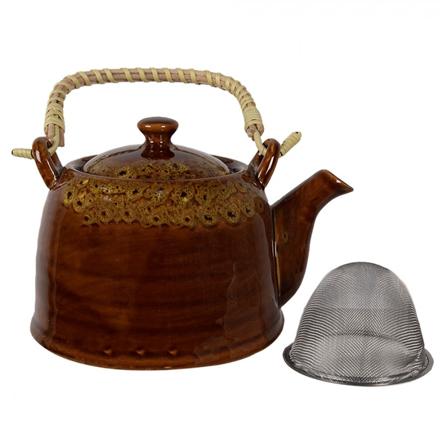 Clayre & Eef Theepot met filter bruin/geel keramiek Ø14x12cm 750ml