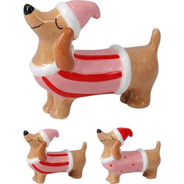 Beeld teckel met kerstmuts 7cm 2assorti