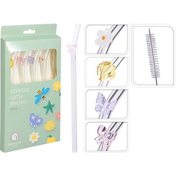 Rietjes glas met ornament set a 5 stuks